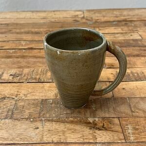 Handcrafted Studio Art Pottery Coffee Mug Cup Green Brown Ribbed Design Signed